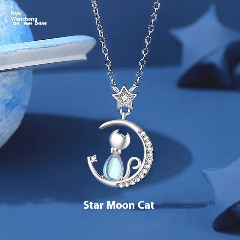 925 Sterling Silver Star Moon Cat Necklace For Women