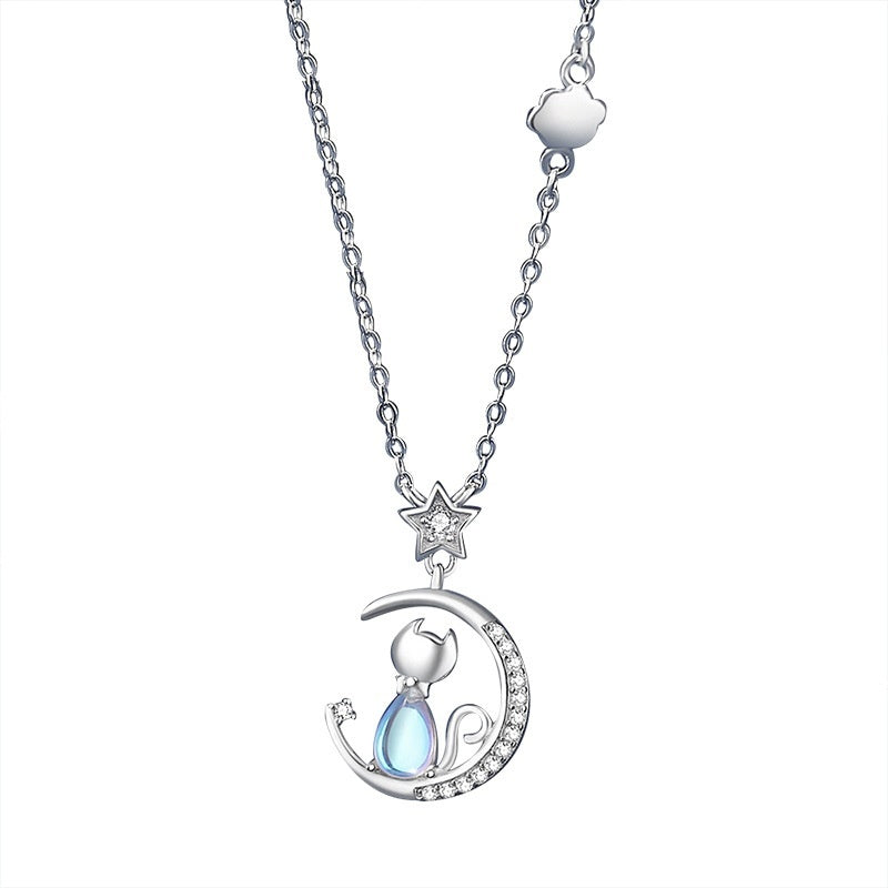 925 Sterling Silver Star Moon Cat Necklace For Women