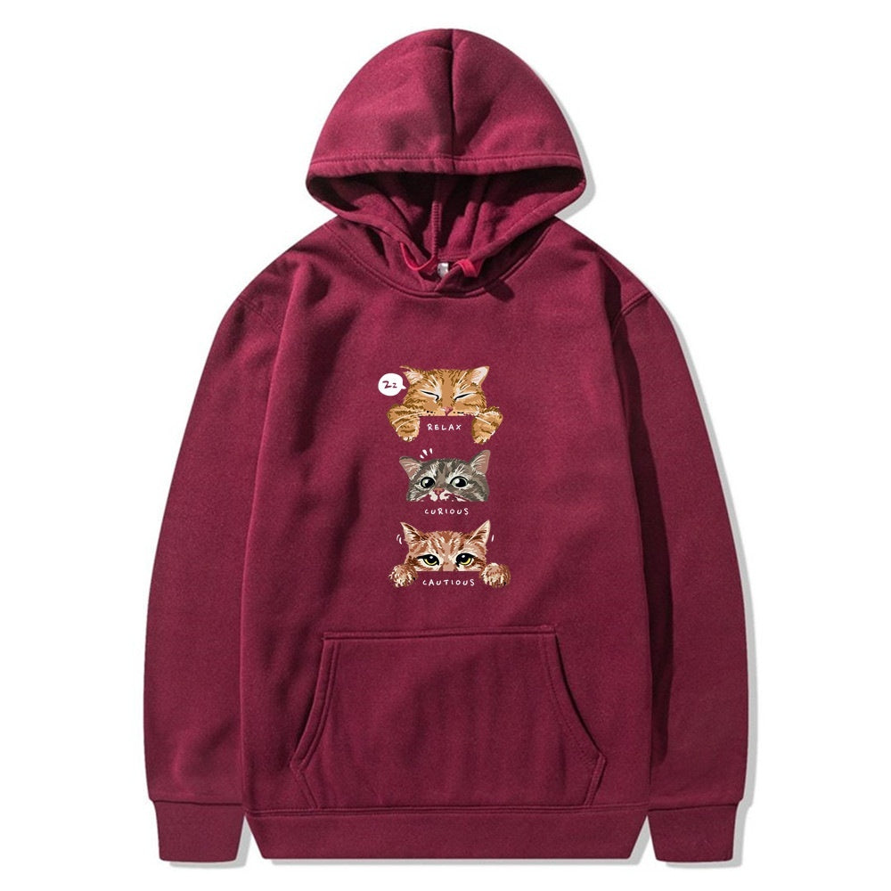 Cat Print Hooded Pullover Leisure Sweatshirt