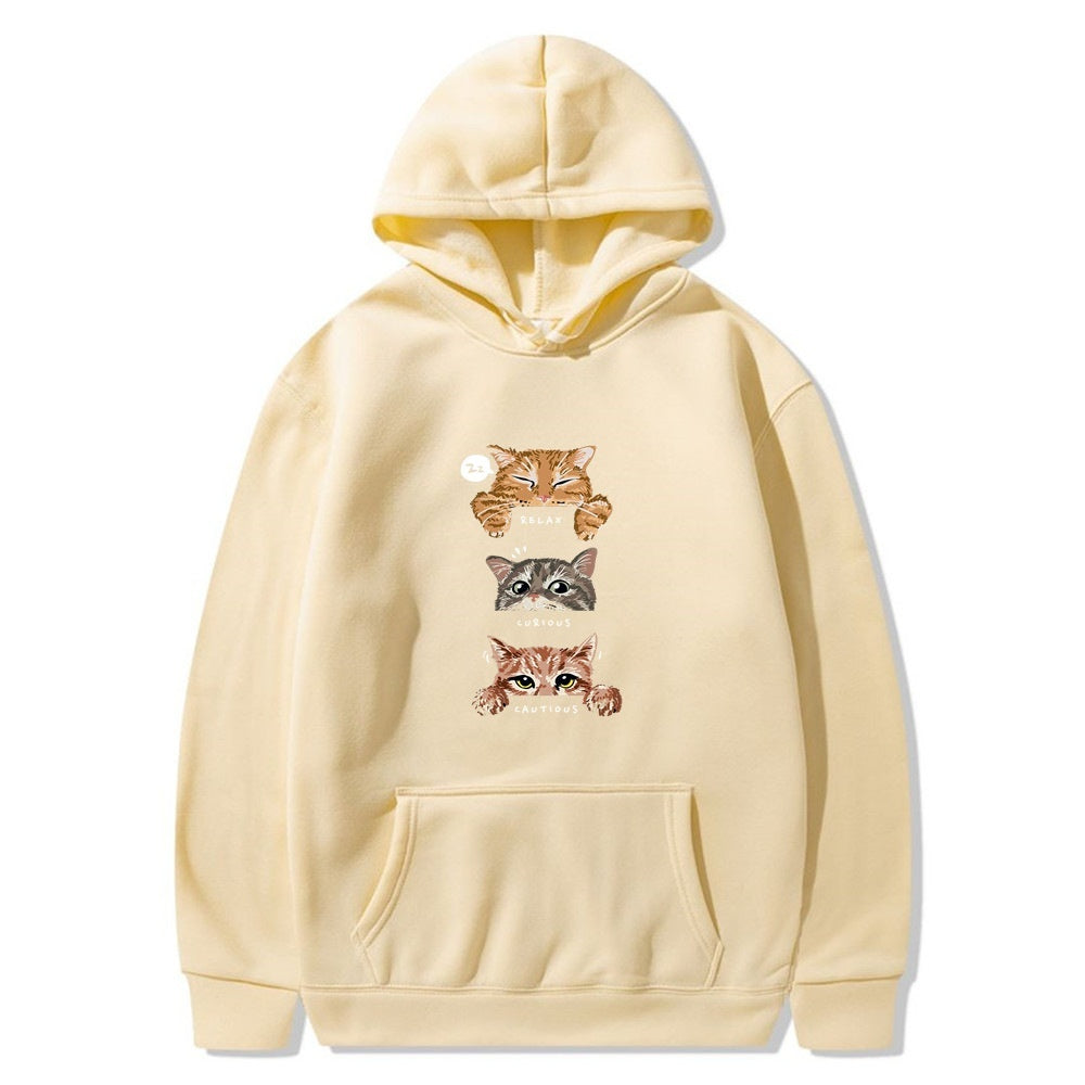 Cat Print Hooded Pullover Leisure Sweatshirt