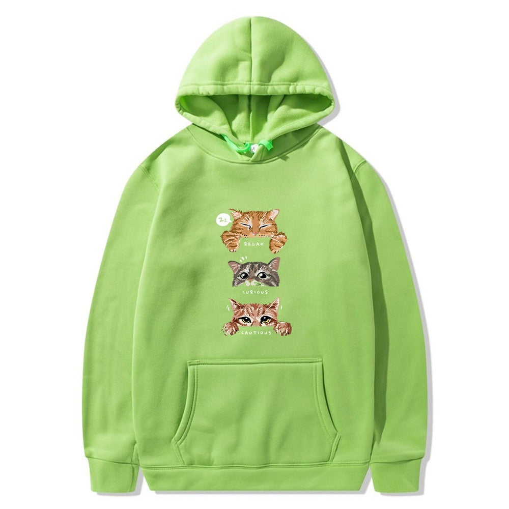 Cat Print Hooded Pullover Leisure Sweatshirt